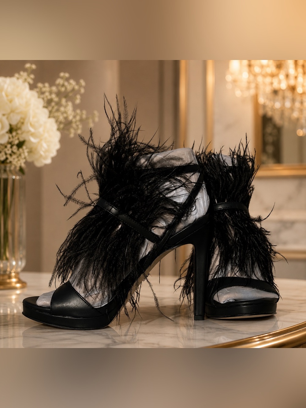 Sam Edelman Jacinta Black Feathered Ankle-Strap Stiletto Glam Luxe Goth Edgy Sz5 - Picture 2 of 10